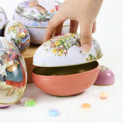 1Pc Happy Easter Bunny Dress Printing Alloy Metal Trinket Tin Eggs Shaped Candy Box Tinplate Case for Kids Birthday Home Decor