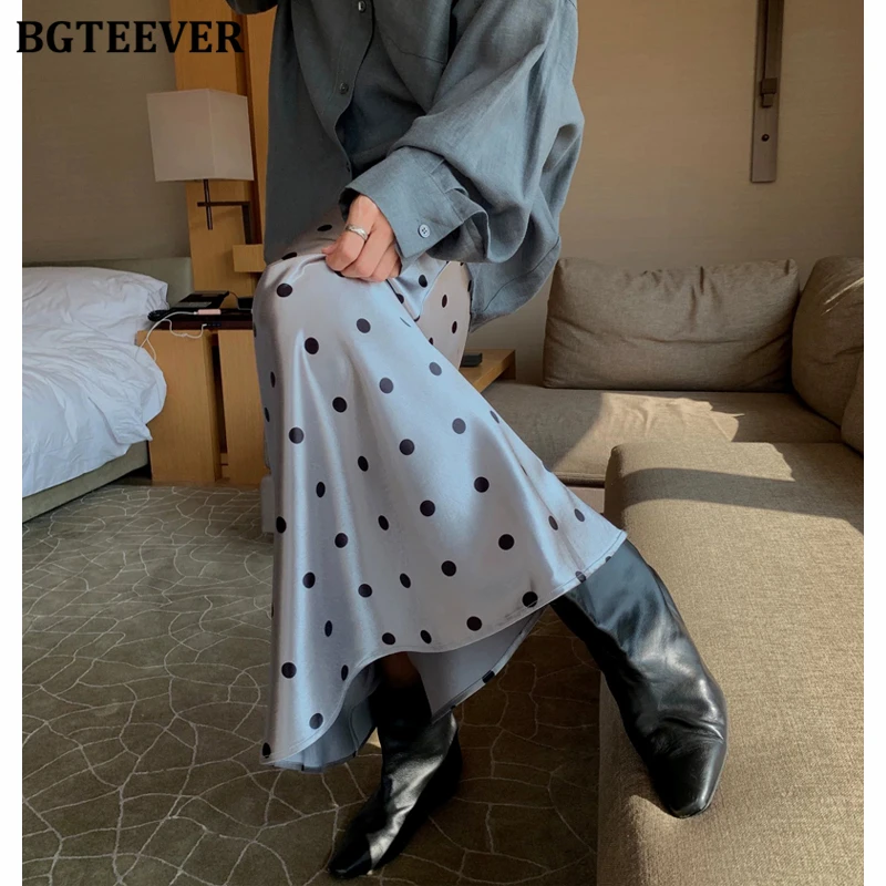 BGTEEVER Vintage High Waist Slim Ladies A-line Dots Printed Skirts Spring Summer Stylish Women Skinny Package Hip Skirts