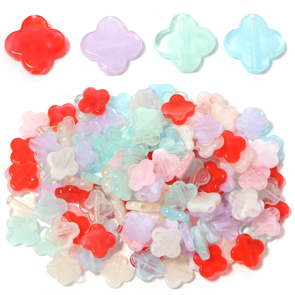 Cuentas de acrílico de trébol de cuatro hojas de color de 100pcs / lote de 14mm Cuentas sueltas para collar de pendientes de bricolaje joyería que hace hallazgos Accesorios