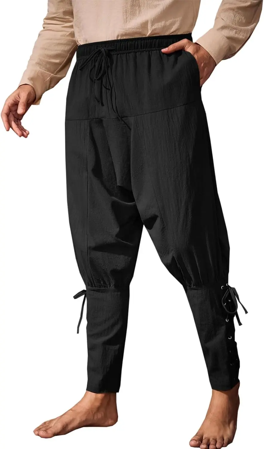 Mens Medieval Ankle Banded Pants Renaissance Viking Pirate Navigator Pants Lace Up Cotton Halloween Trousers