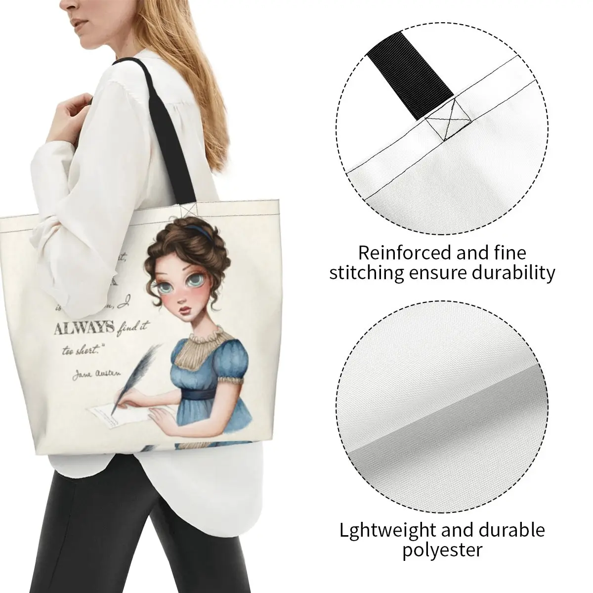 Custom Jane Austen Writing Book Canvas Shopping Bags donna riutilizzabile grande capacità generi alimentari Writer Novel Shopper Tote Bags