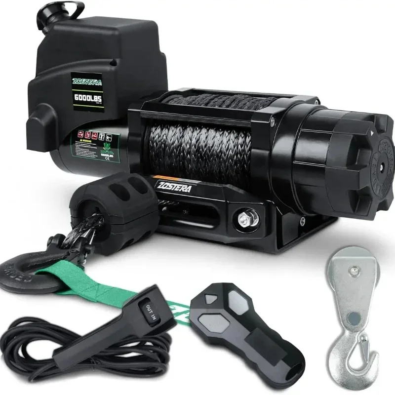 Electric Winch 12v 6000lbs Boat Trailer Winch with Remote Synthetic Rope 1/4 in x 55 ft Hook Wireless Remote Handlebar Switch,