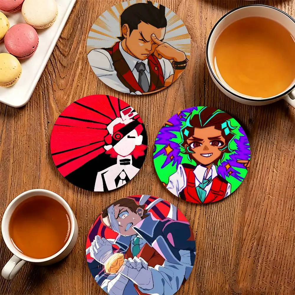 A-Ace Attorney A-Apollo Justice Round Wooden Coaster Decorative Coffee Cup for Use in Coffee Shops Bars