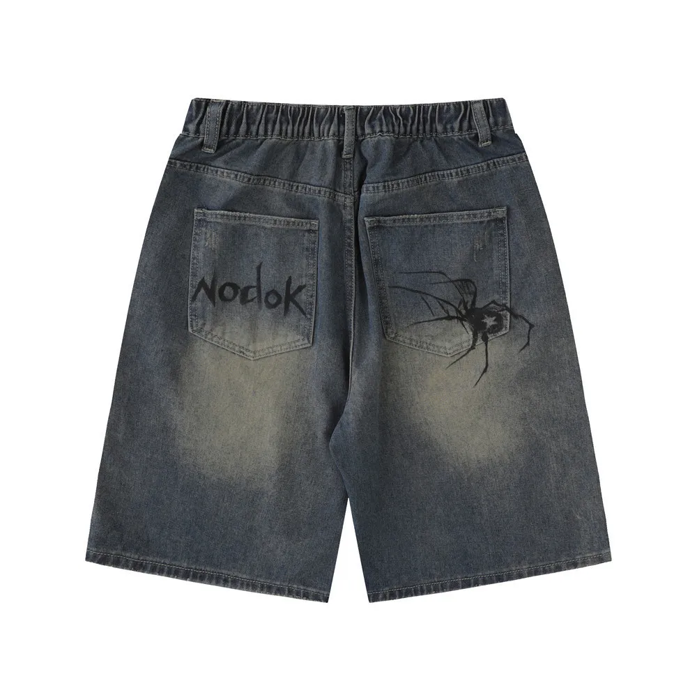 Vintage Denim Shorts Spider Cobweb Printed Summer Casual Jeans Shorts Streetwear Fashion Harajuku Hip Hop Shorts for Men Unisex