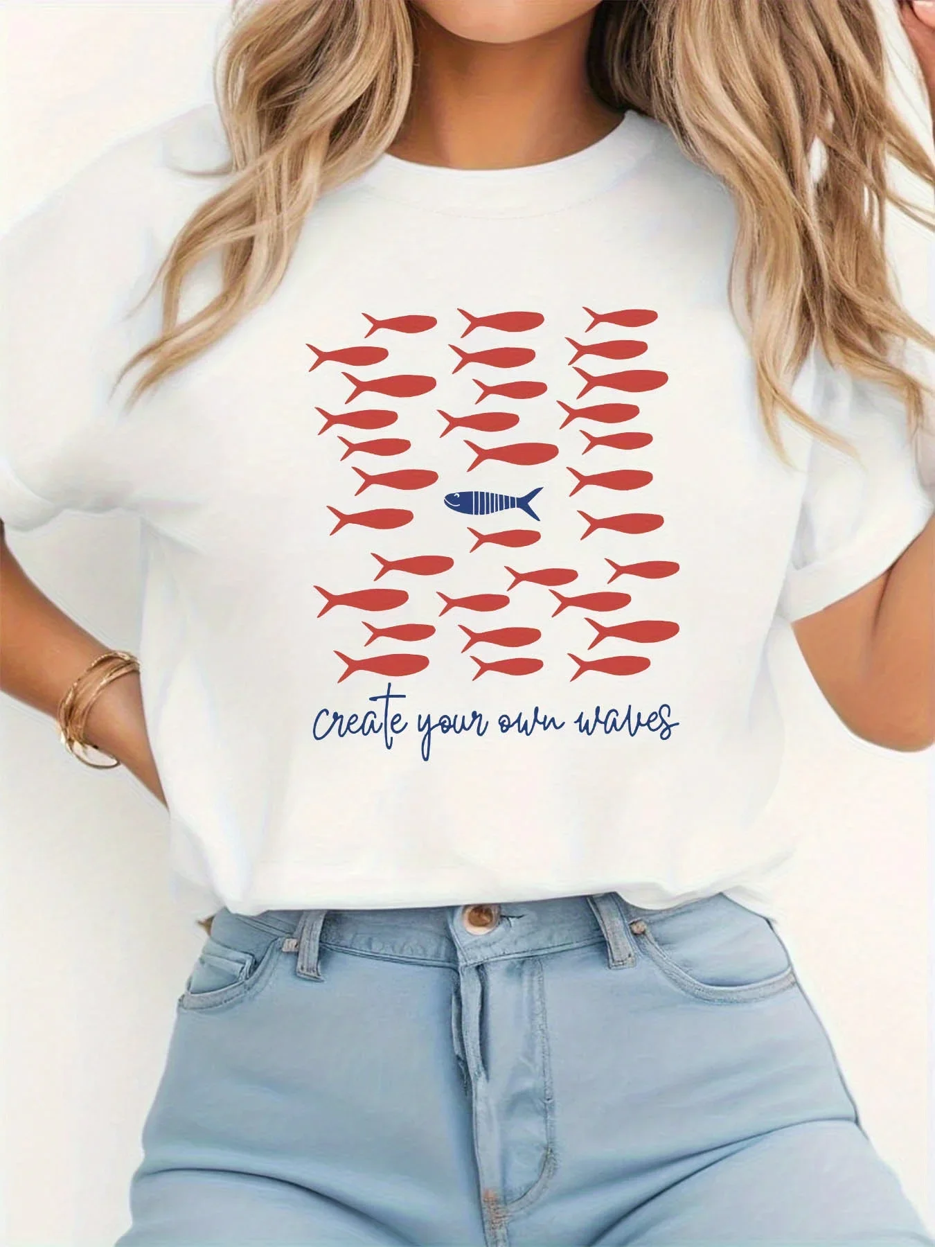 T-Shirt femme "créez vos propres vagues" graphique grande taille poisson rouge bleu lettre imprimée décontracté col rond haut manches courtes