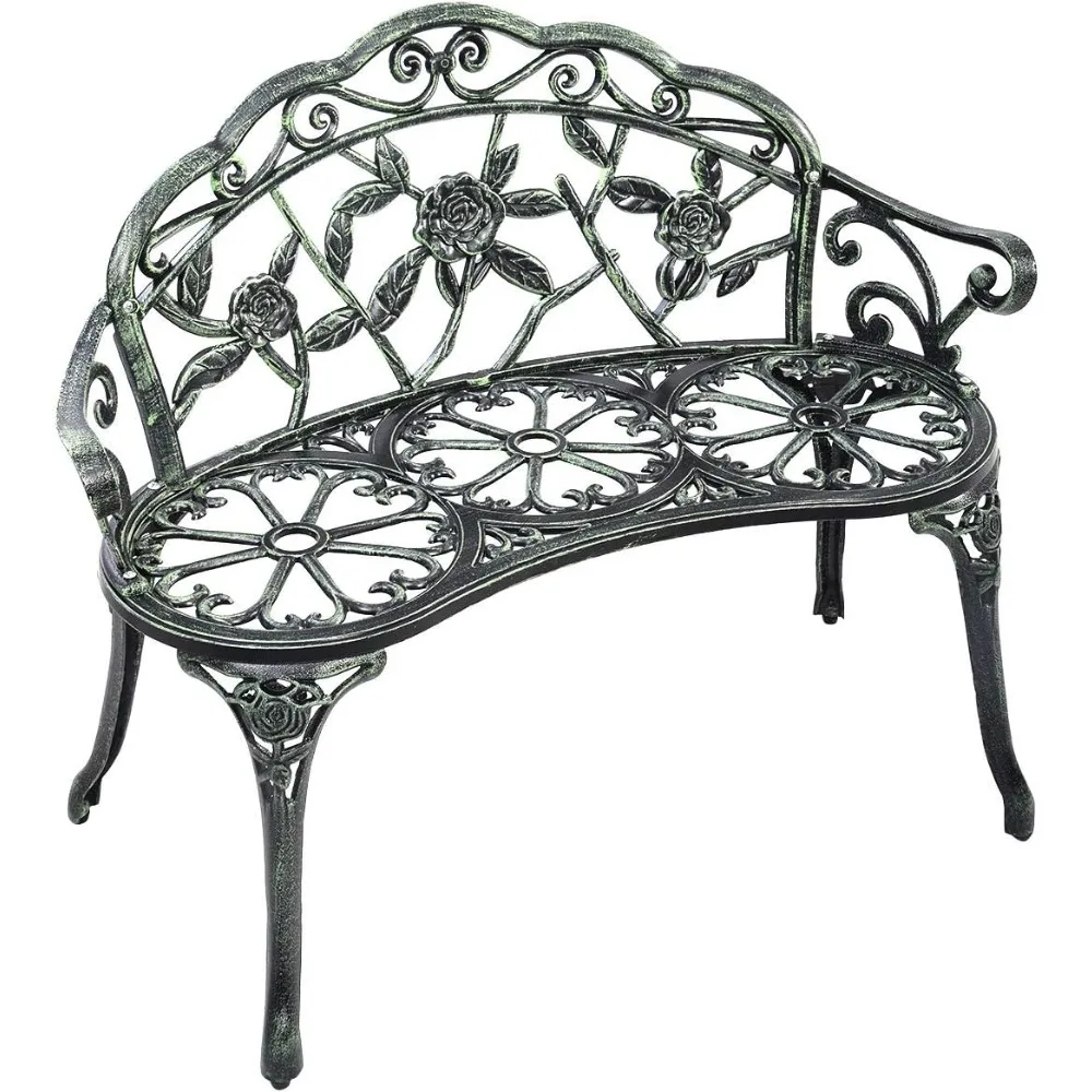 Outdoor Garden Bench Iron Patio Benches for Outdoors, Porch Bench Chair with Curved Legs Cast Aluminum Rose Antique Style