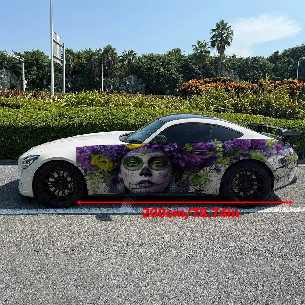 2pcs Dark Day of the Dead Floral & Snake Car Side Wrap, Self-Adhesive PVC Waterproof & Scratch-Resistant Stickers, Car Accessory