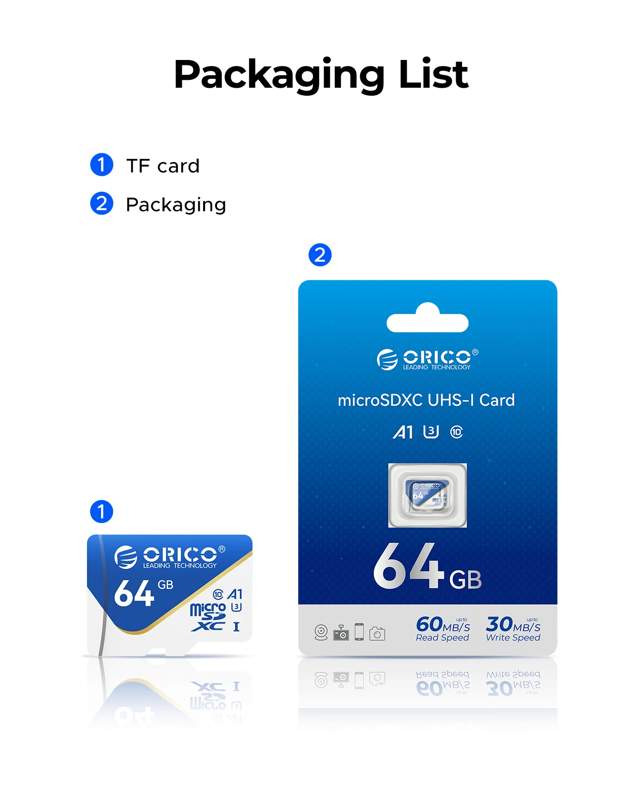ORICO microSDXC UHS-I-Speicherkarte, 70 MB/s Lesegeschwindigkeit, 60 MB/s, 4K UHD-Aufnahme, U3, Klasse 10, V30, A1, Micro SD für Kamera, 32 GB, 64 GB – Detail 11
