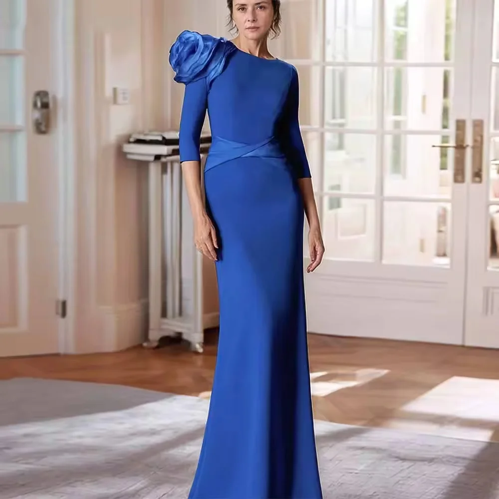 Customized Modern Mother of the Bride Dress Jersey Sheath/Column Formal Evening Dress O-Neck 3D Flower Criss-Cross Prom Dress