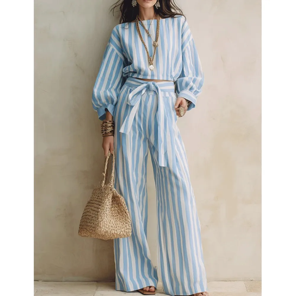 Women New Striped Long-sleeved Shirts Trousers 2piece Set Fashion Casual Ultra-short Top Waisted Lace-up Loose Wide-leg Long Set view 2