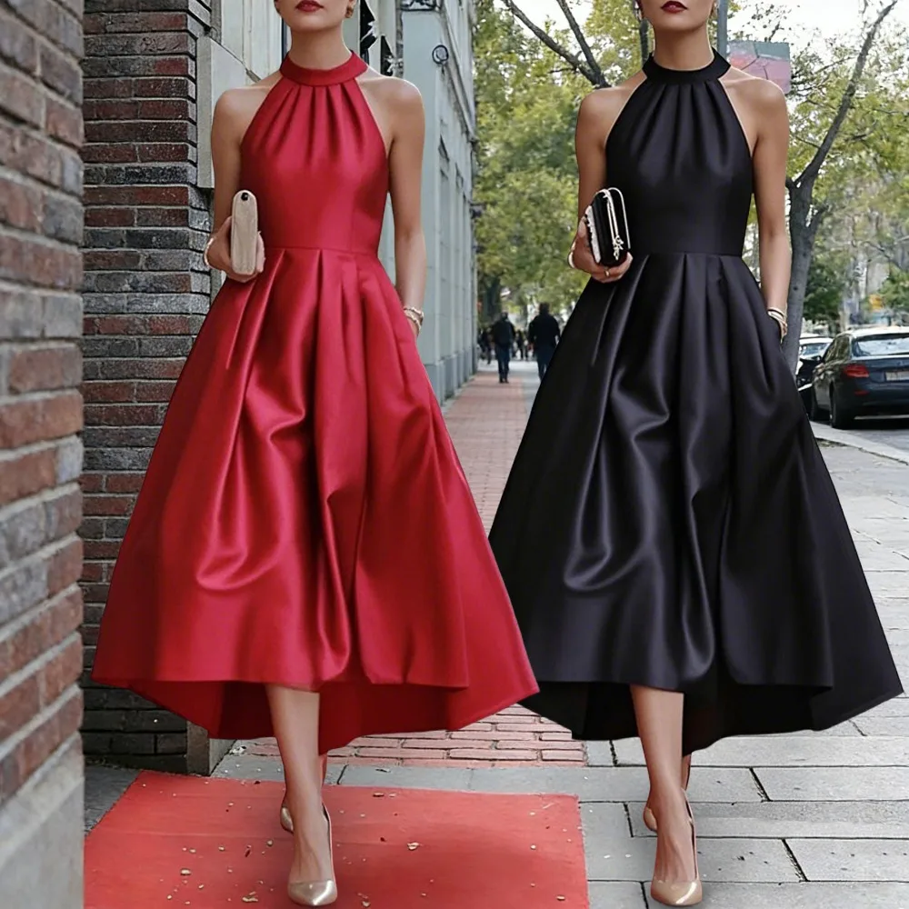 

Женское вечернее платье Yeezzi 2026: однотонное, с воротником-халтер, завышенной талией, А-силуэта, без рукавов, плиссированное, для коктейльных вечеринок, миди