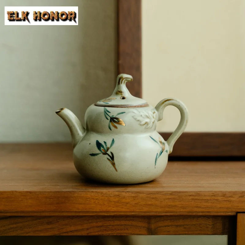 110ML Antique Gold Drawing Gourd Melon Teapot Pure Hand-painted Butterfly Orchid Pot Tea Soaking Kettle Tea Items Ornaments Gift