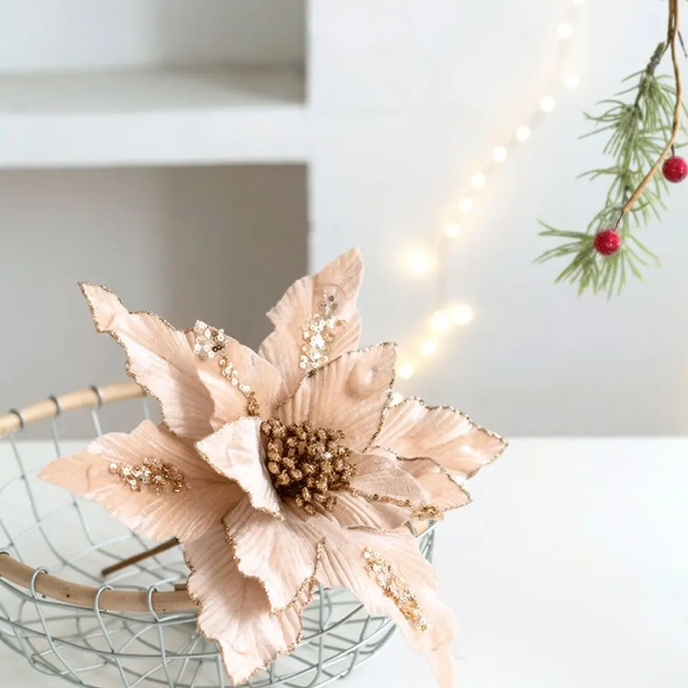 26 cm Samt-Weihnachtsblume zum Aufhängen, handgefertigtes, mit Puder überzogenes Poinsettia-Ornament für Weihnachtsbäume, Weihnachtsdekoration