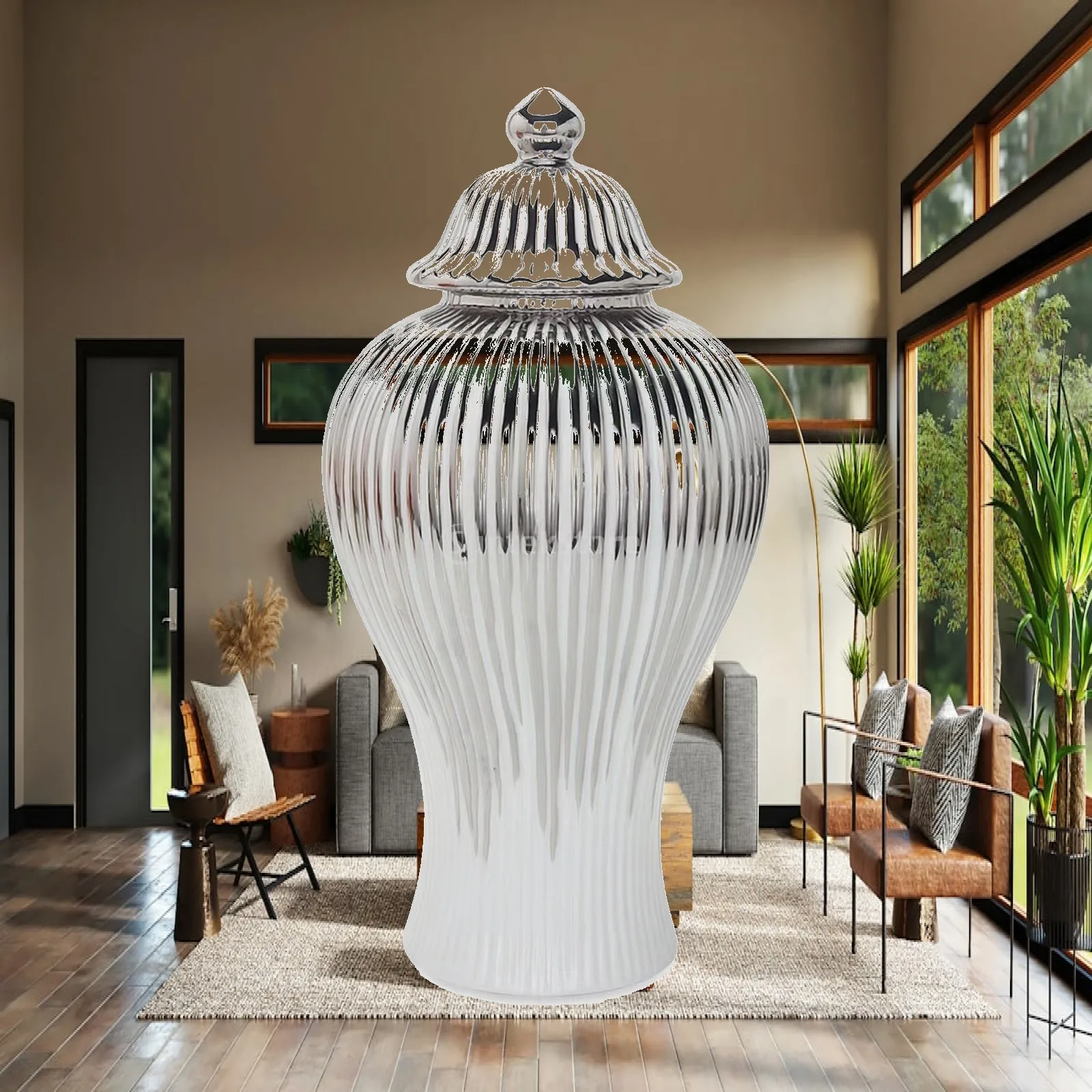 Ceramic Vase with Lid Fluted Flower Vase with Finial Decorative Ginger Jar Glossy Vessel Electroplated for Entryway Console
