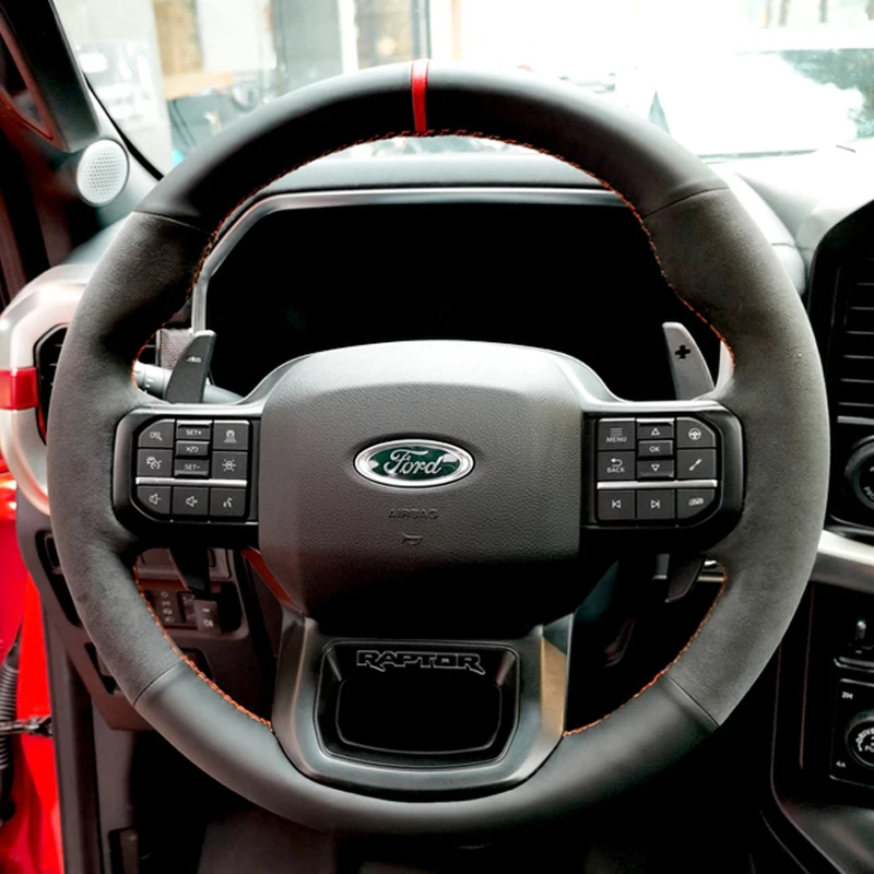 

For Ford F150 F-150 Raptor 2022 2023 Hand-stitched Genuine Leather suede car steering wheel cover