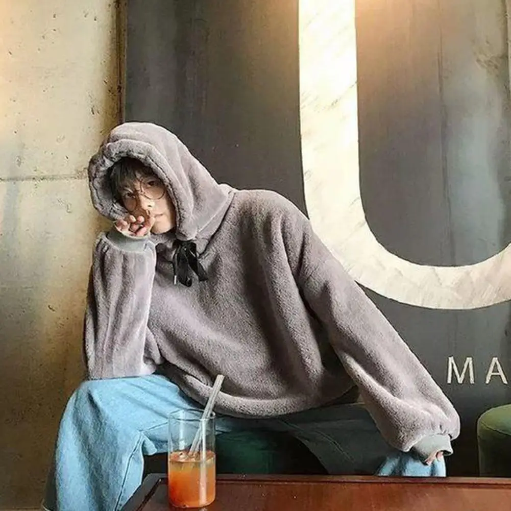Trendy Plush Hoodie Drawstring Skin-Touch Couple Sweatshirt Boys Girls Casual Hoodie Pure Color Plush Sweatshirt