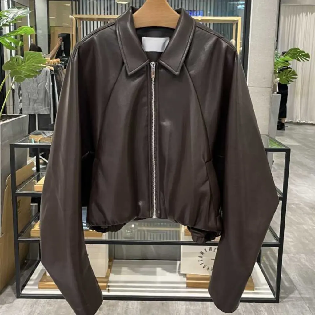 Moda mujer primavera estilo coreano Casual manga murciélago abrigo corto solapa chaqueta de cuero diseño que combina con todo