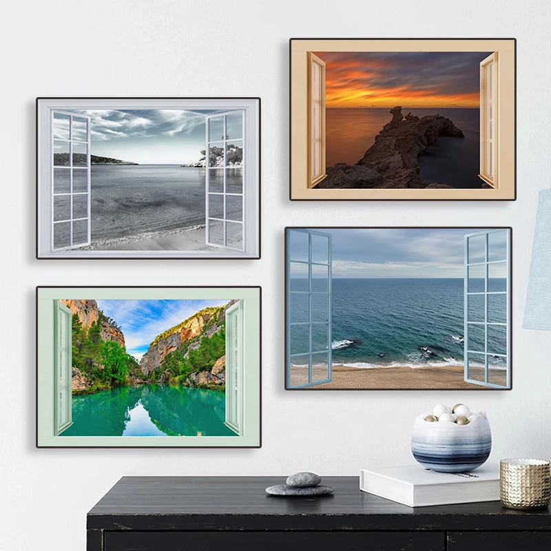 Sunset Grassland Beach Outside The Window False Window Print Poster Canvas Paintings Wall Art Gift Living Room Home Decor