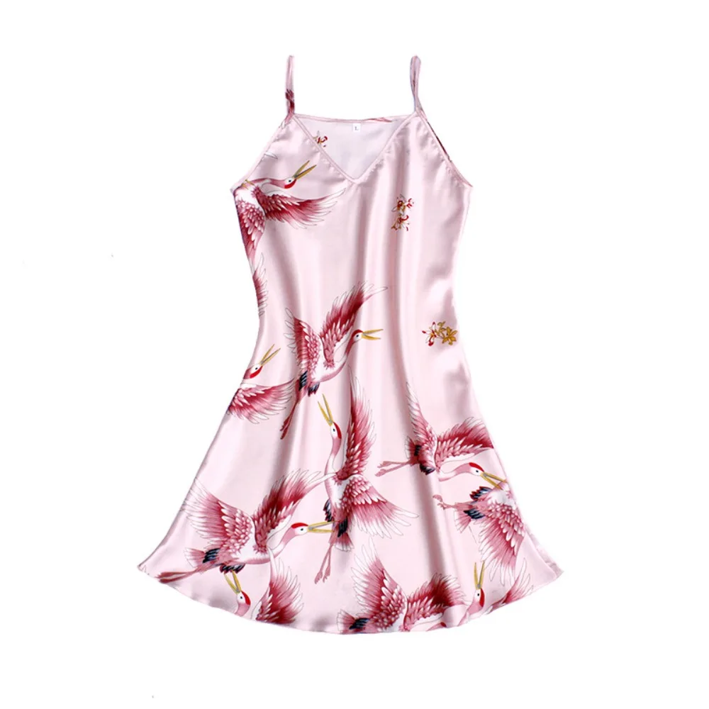 

Red-crowned Crane Women's Pajama Dress Chinese Style Sleeveless Ice Silk Suspender Nightdress Sleepwear Party Dress