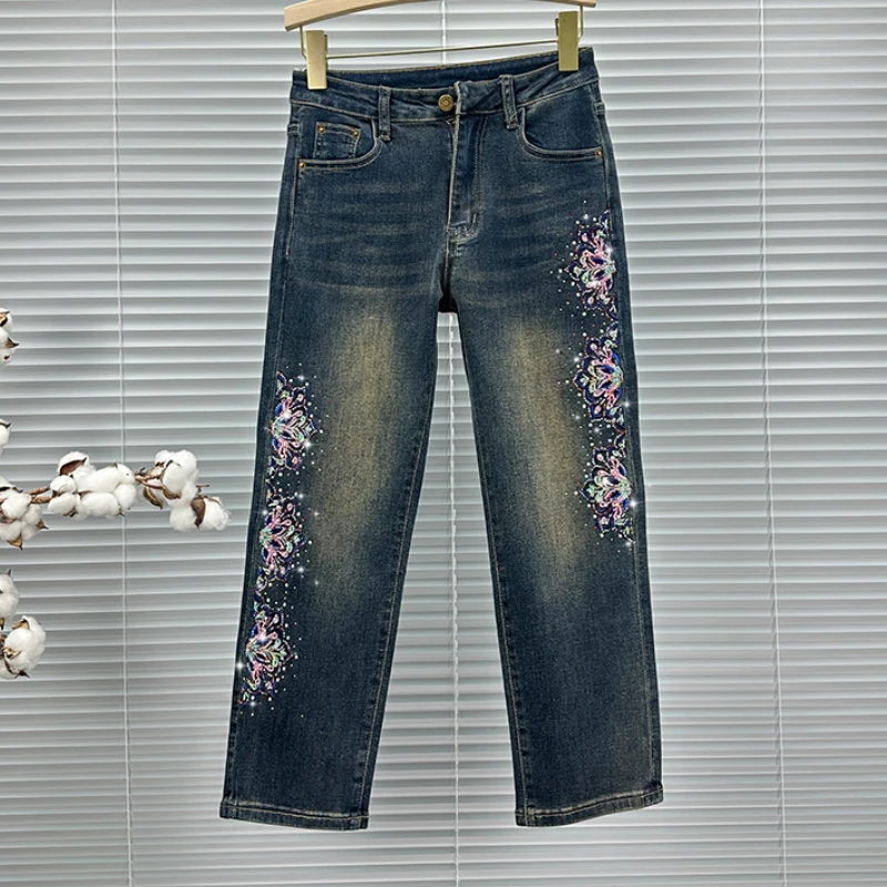 

Dark Blue Jeans Hot Diamond Jeans Women's Embroidered Eight-point Pants Autumn New 2024 High-waisted Straight-leg Pants