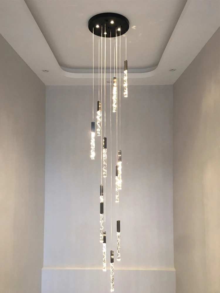 Modern Loft LED Chandelier K9 Crystal Chrome Duplex Stair Chandelier Living Room Hotel Ceiling Hanging Light Luxury Pendant Lamp