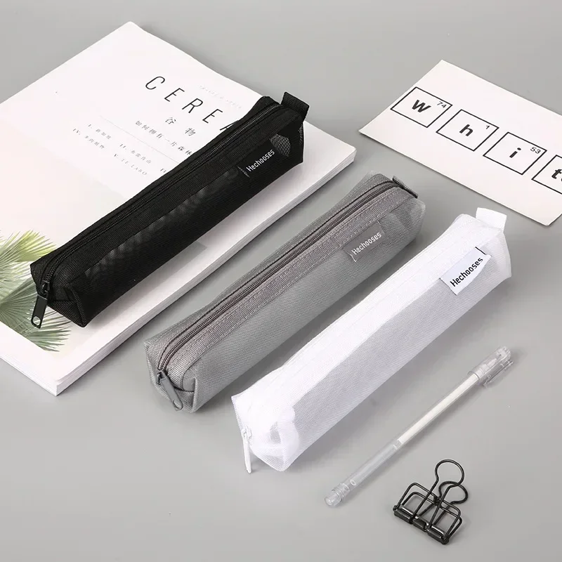 Estuche de lápices transparente de malla Simple, bolsa de almacenamiento para bolígrafos, bolsa con cremallera, Mini papelería portátil, suministros