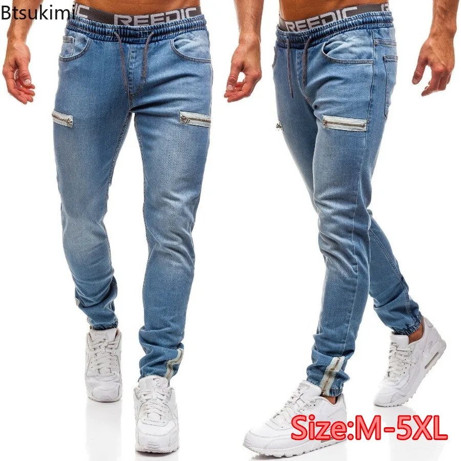 2024 Men's Slim Straight Leg Jeans Fashionable Drawstring Zip Design Casual Sport Denim Pants Men Versatile Trouser Street Style