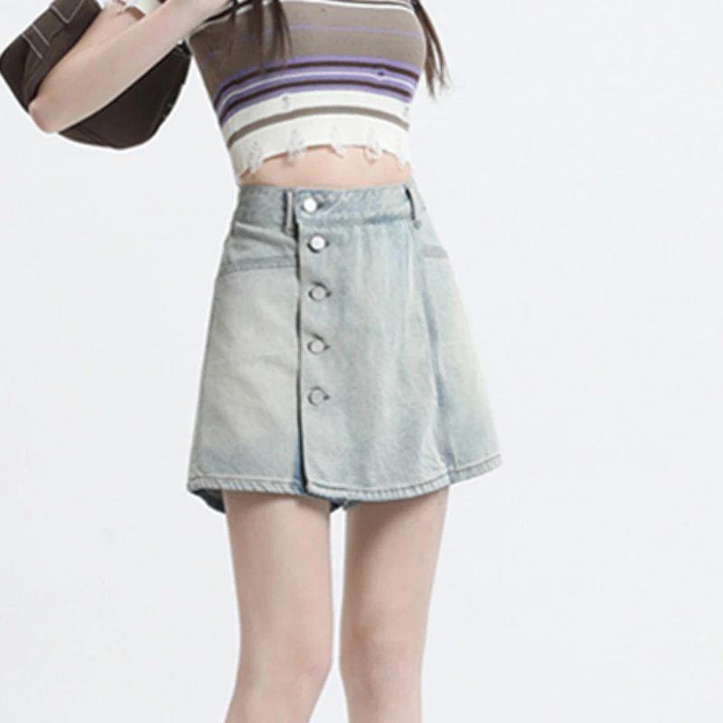 

Тонкие шорты женские джинсовые однотонные простые универсальные винтажные трапециевидные летние тонкие асимметричные модные шорты для отдыха Hotsweet в корейском стиле Ins