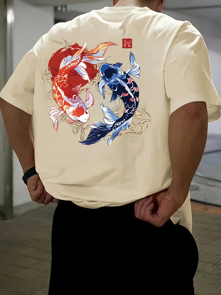 Men's Loose Fit Koi Print Cotton T Shirt
