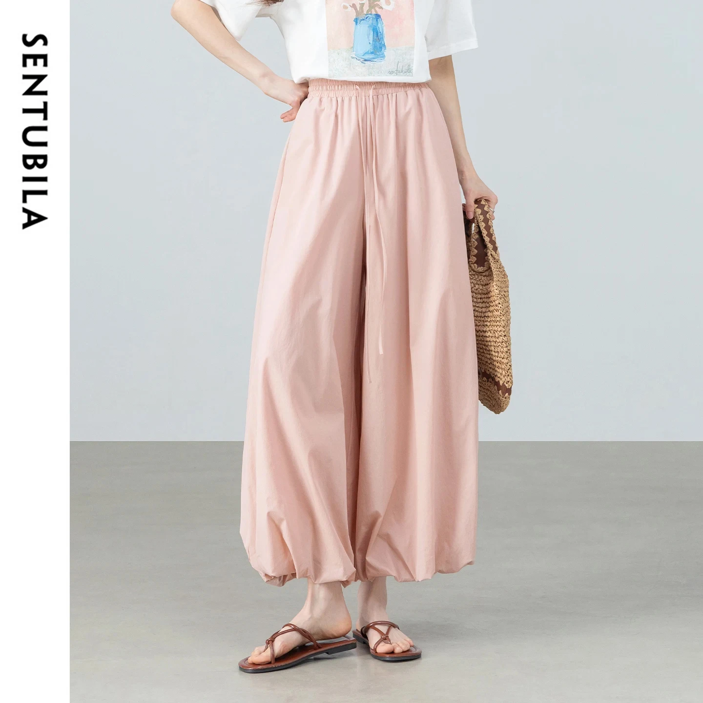 

SENTUBILA Women's Minimalist Culottes 2026 Spring New Casual Drawstring Waist Elastic High Waist Loose Fit Skirt Pants 161KF4018