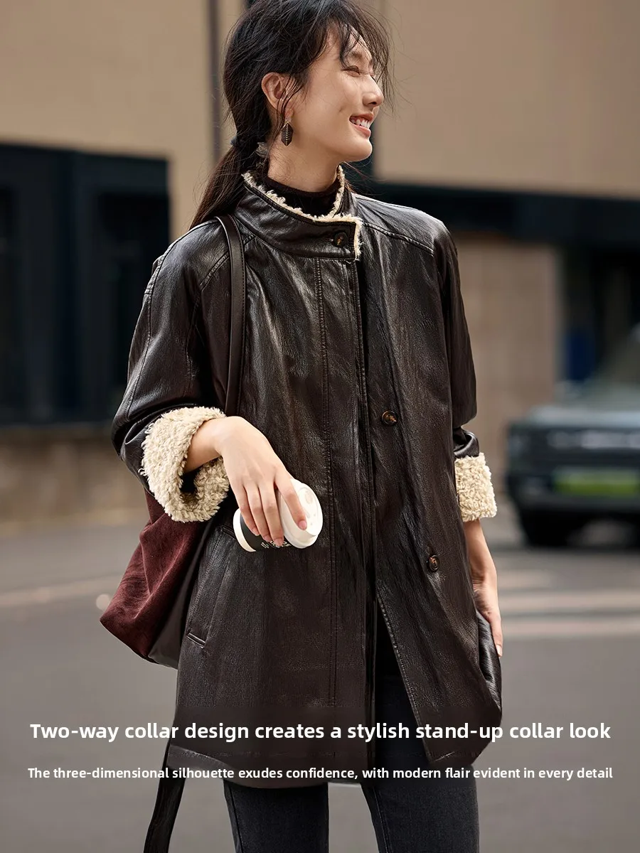 جاكيت نسائي شتوي من الجلد المبطن بالصوف بتصميم أمريكي عتيق من XWI، بلون القهوة، بحزام، بقصة نحيفة، ملابس خارجية بأسلوب كاجوال