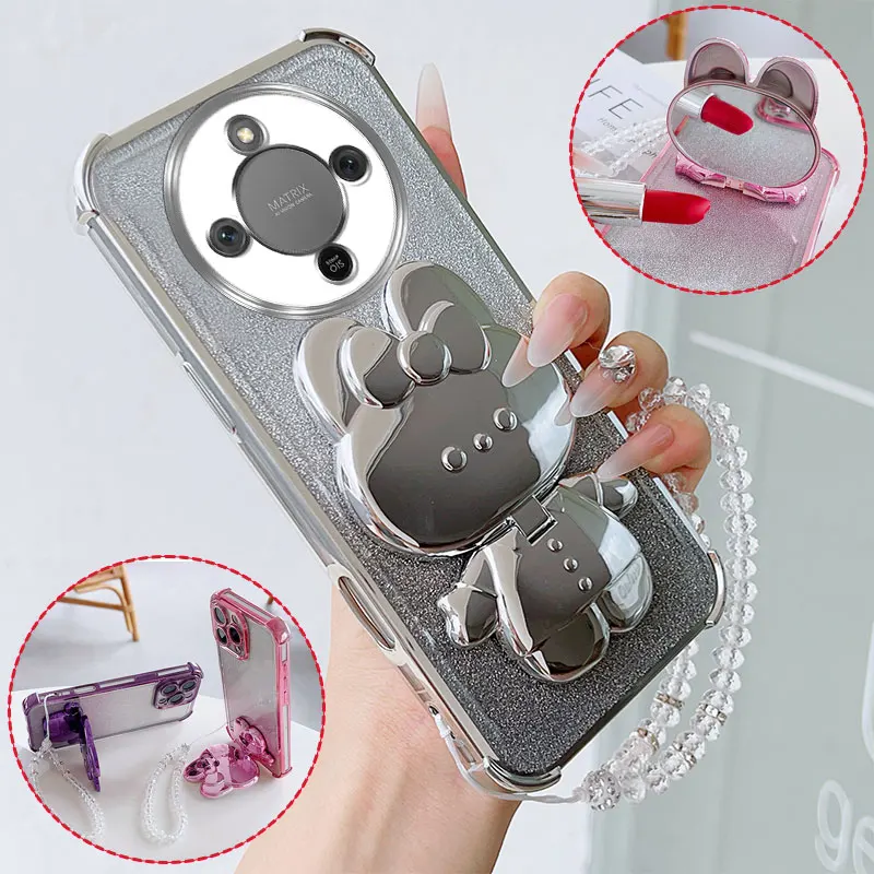 Luxuriöse Stoßfeste Handyhülle mit Hasen-Motiv, Drehbarem Ständer und Kristall-Lanyard für Honor Magic8 Lite Magic7 6 5 4 Lite Rückseiten-Abdeckung