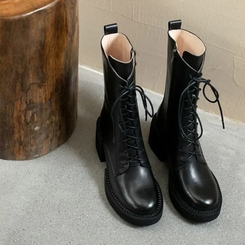 Half High Boots for Women Round Toe New In Winter Mid Calf Shoes Woman Comfortable and Elegant on Promotion Spring Pu