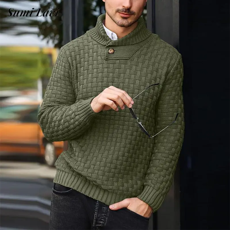 

Vintage Slim Stretch Knitted Sweaters Mens Autumn Winter Outdoor Casual Button Lapel Knit Jumpers Men Stylish Textured Sweater