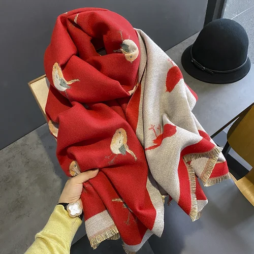 Imagen 2 del producto Bufanda de invierno para mujer, Pashmina de Cachemira, chales y chales, Bufandas con estampado de aves, bufandas gruesas y cálidas, manta para mujer 2023