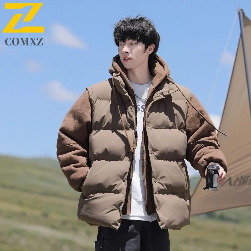 COMXZ 2025 Winter Mens Two Piece Style Thick Puffer Jacket Loose Fit Hooded Short Coat Fashion Outwear Long sleeve windbreaker