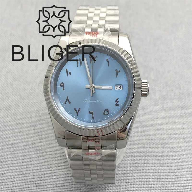 BLIGER Watch For Men 36mm/39mm NH35 Automatic Watch Arabic Index Green White Blue Pink Sunburst Dial Sapphire Glass Slide Buckle