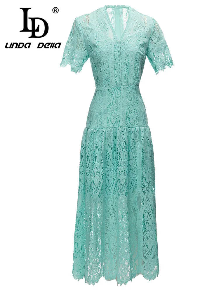 

LD LINDA DELLA Summer Fashion Designer Casual Dress Women's V-Neck Hollow Out Print Splice Slim Fit Lace Beach Dress