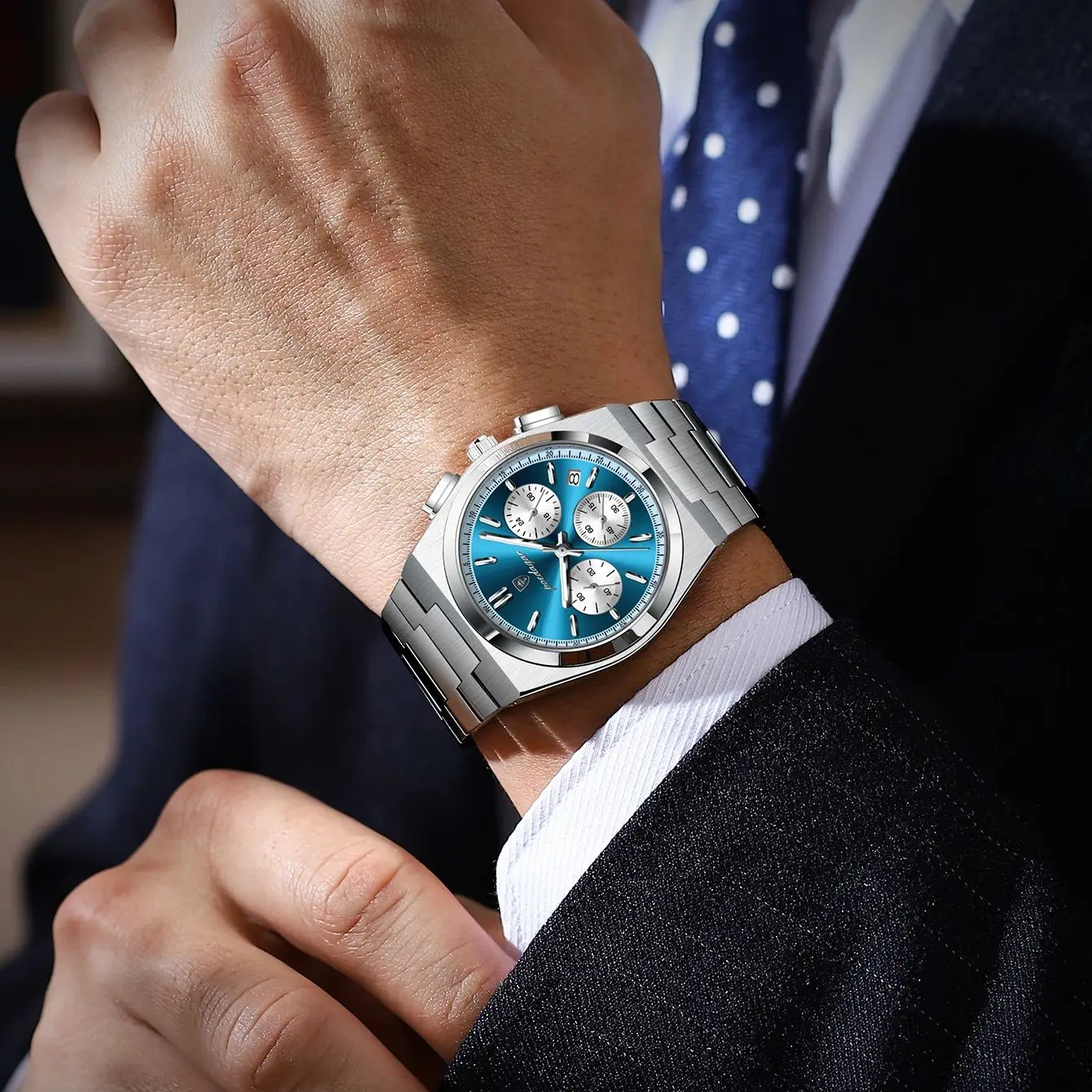 POEDAGAR ساعة رياضية فاخرة للرجال كرونوغراف تاريخ الفولاذ المقاوم للصدأ ساعة اليد الرجالية مقاوم للماء مضيئة موضة كوارتز ساعات رجالية