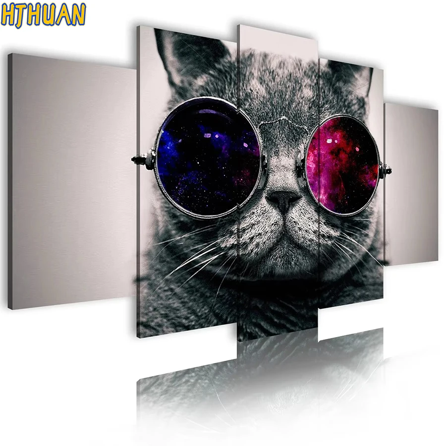 

5 шт. алмазная живопись абстрактное искусство кошка, очки Алмазная вышивка ручная работа Алмазная вышивка мозаика украшение дома 3d картина