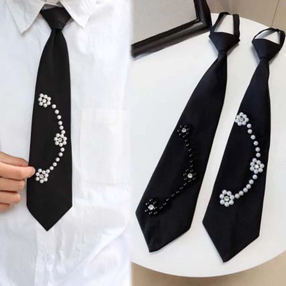 Korean Style Pearls Tie Black Choker Hand-beaded Long Necktie Collares Academic Style Decoration Shirt Tie JK Uniform Decoration