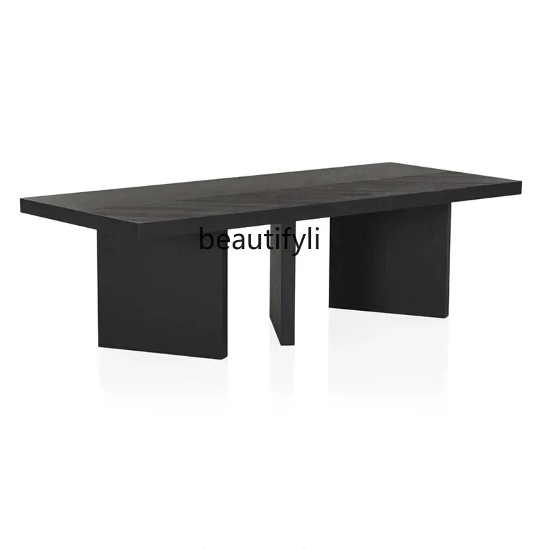 Medieval solid wood dining table wabi style retro black rectangular dining table household small apartment designer dining table