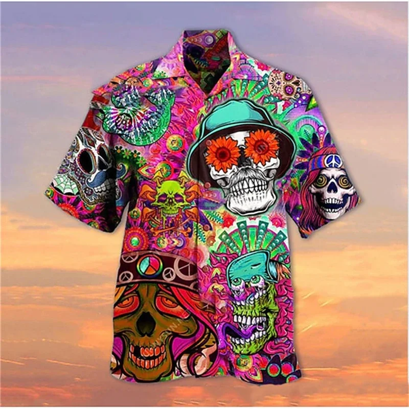 Camisa con solapa de calavera para hombre, camisa hawaiana informal con estampado 3D de terror, Retro, con botones, de manga corta, nueva