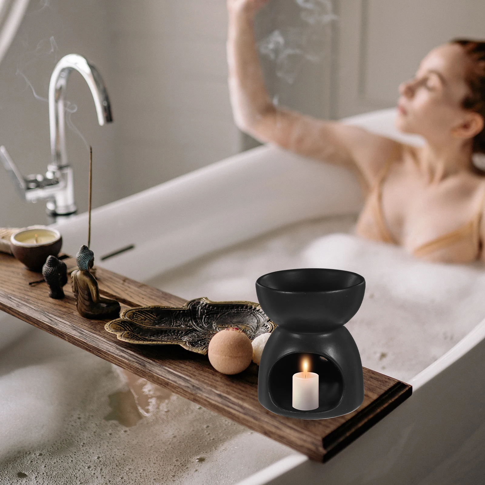 

Essential Oil Burner Hollowed Pattern Black Ceramic Aroma Diffuser Oil Warmer for Home Study Bedroom Sauna Yoga Meditation