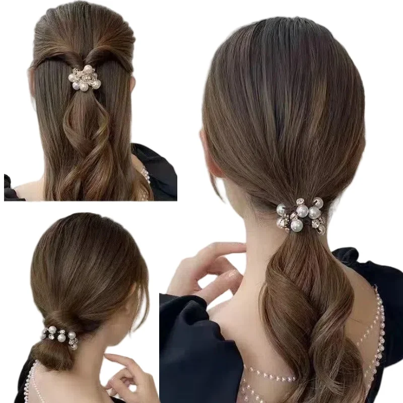 3PCS temperament pearl trimmed hair rope with retro curly hair for women and girls elegant elastic beaded ponytail hair loop