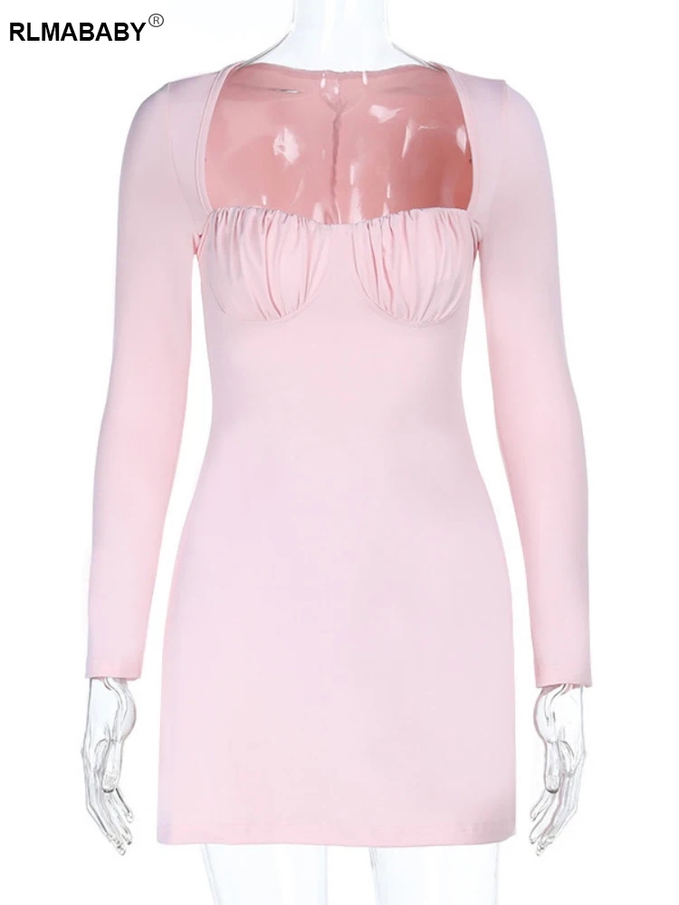 RLMABABY Sexy Slim Square Collar Long Sleeve Bodycon Mini Dress Women Gown Hottie Girl High Waist Streetwear Pink Short Dress