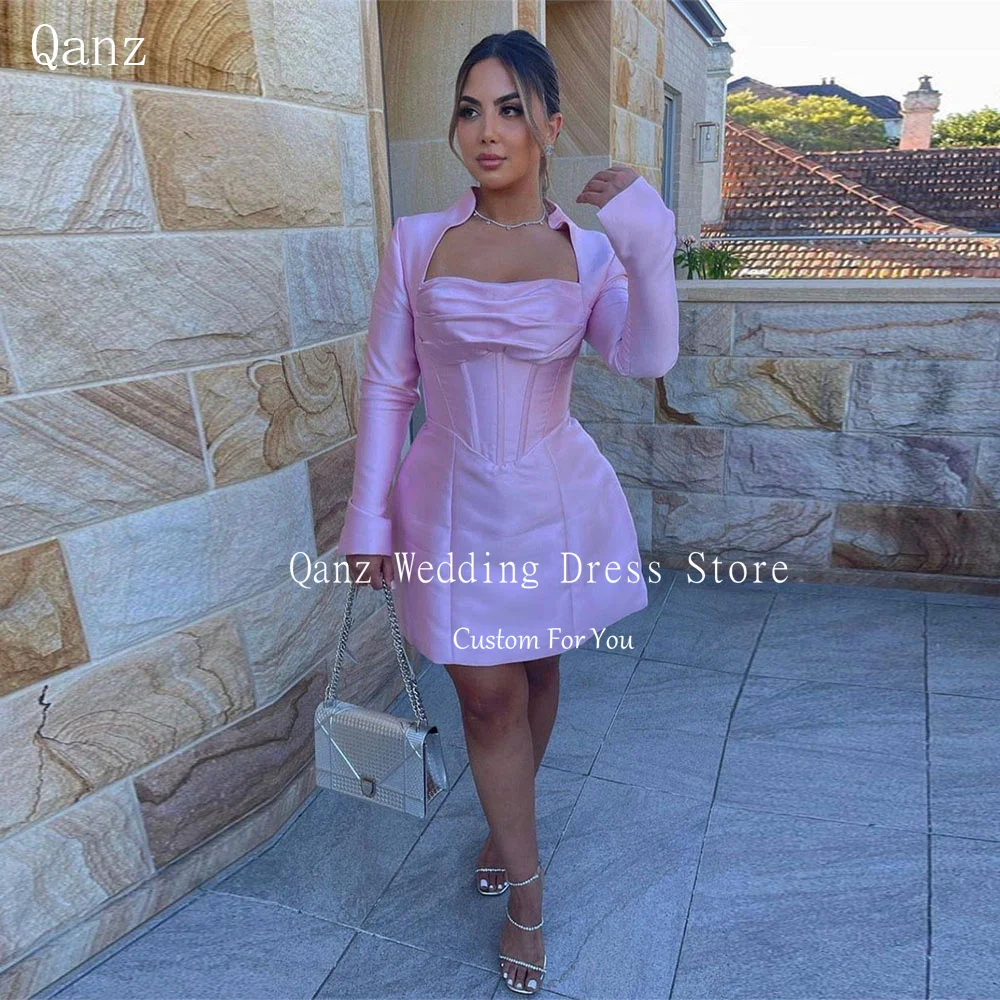 Qanz Modern Pink Short Dress Customized Elegant Party with Jacket Prom Dresses Short A Line Vestidos Para Eventos Especiales