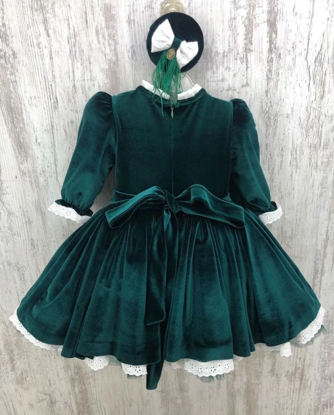 1-12Y Baby Girl Autumn Winter Green Velvet Vintage Spanish Turkish Princess Ball Gown Dress for Eid Photography