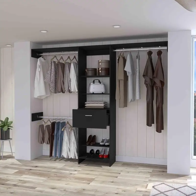 Cross Closet System with 1 Drawer, 3 Metal Rods & 5 Open Shelves for Organized Storage