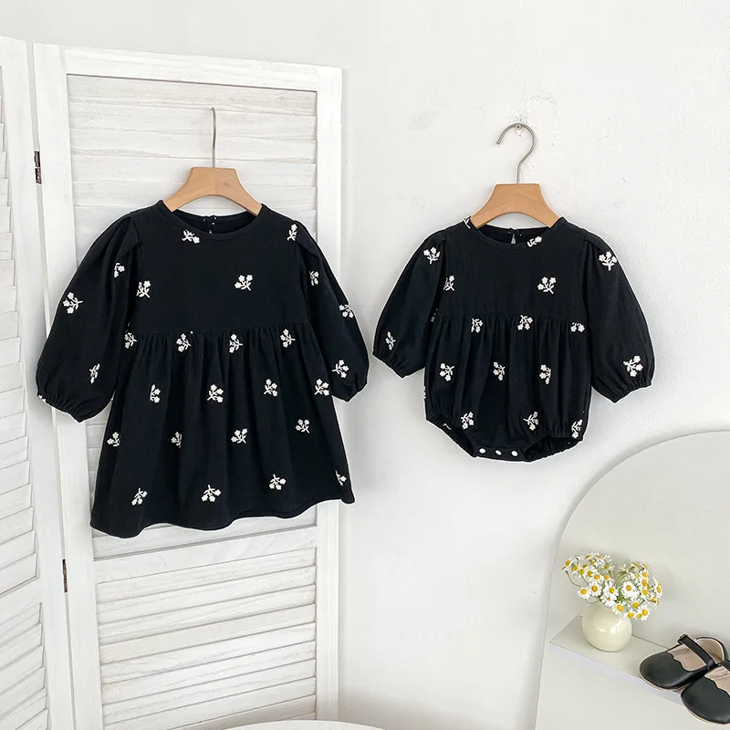 Autumn Girls Dress Long Sleeve Embroidered Romper Sister Matching Set Soft Cotton Baby Outfit Cute Toddler Clothes Gift 0-8Y
